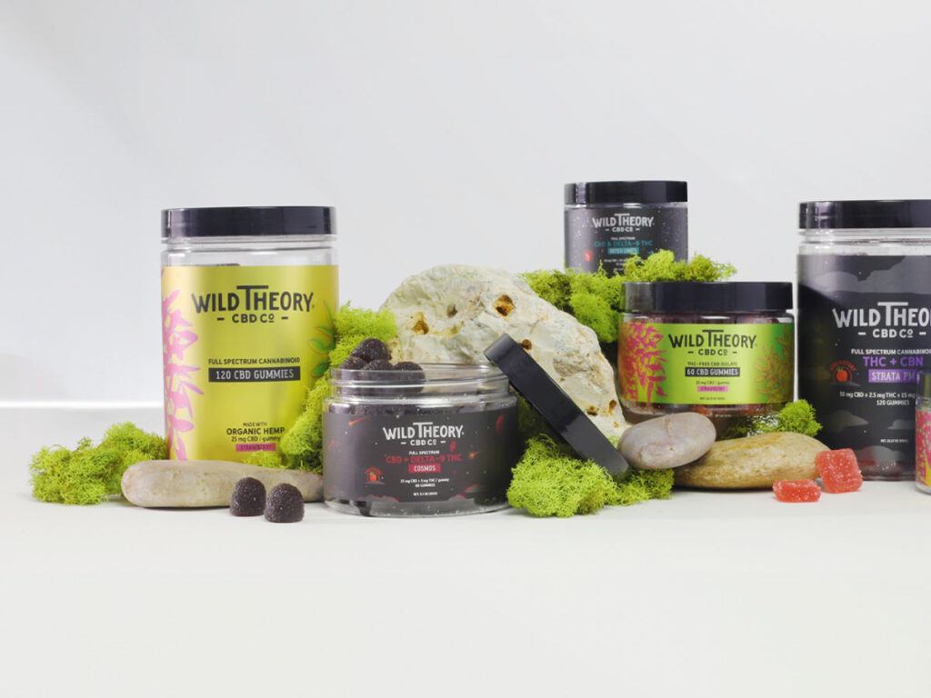 Assorted CBD products by Wild Theory CBD Co. are arranged on a table, including capsules, gummies, and tinctures, surrounded by natural decorative elements like rocks and green moss, highlighting the brand's focus on natural wellness solutions.