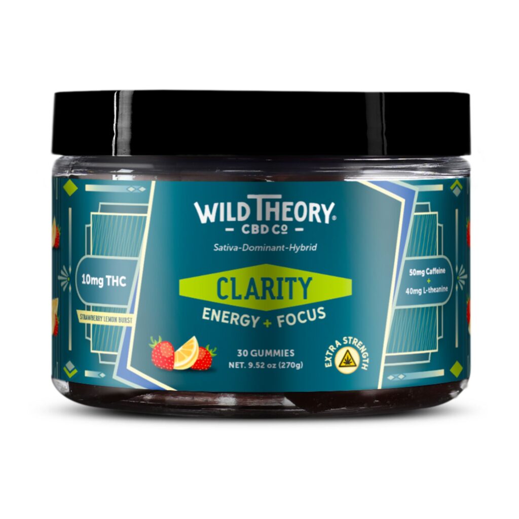 Wild Theory Clarity Energy + Focus 10mg THC Gummies Strawberry Lemon Burst 30 Gummies, front label view. The jar features a teal and geometric design with the Wild Theory CBD Co. logo and “Clarity Energy + Focus” prominently displayed. It highlights 10 mg THC per gummy, 50 mg caffeine, and 40 mg L-theanine, along with flavor imagery of strawberries and lemons. The label indicates 30 gummies and extra strength.